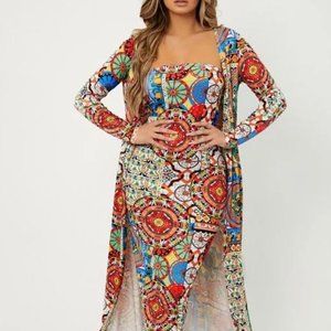 Geo & Floral Print Tube Bodycon Dress & Coat
